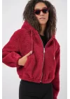 5193 Kapüşonlu Peluş Crop Ceket - Bordo