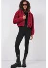 5193 Kapüşonlu Peluş Crop Ceket - Bordo
