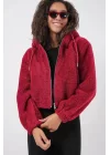 5193 Kapüşonlu Peluş Crop Ceket - Bordo