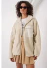 55446 Fermuarlı Oversize Peluş Ceket Mont - Krem