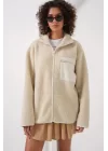 55446 Fermuarlı Oversize Peluş Ceket Mont - Krem