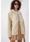 55446 Fermuarlı Oversize Peluş Ceket Mont - Krem