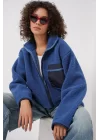 55446 Fermuarlı Oversize Peluş Ceket - Saks