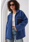 55446 Fermuarlı Oversize Peluş Ceket - Saks