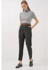 6686 Pileli Kemerli Kumaş Pantolon - Füme