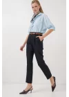 6686 Pileli Kemerli Kumaş Pantolon - Lacivert