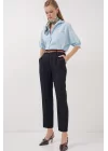 6686 Pileli Kemerli Kumaş Pantolon - Lacivert