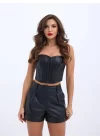 6689 DERİ CROP-SİYAH