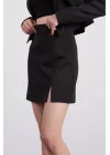 Kadın Siyah Yüksek Bel Yırtmaçlı Klasik Düz Kısa Mini Etek