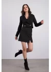 Kadın Siyah Yüksek Bel Yırtmaçlı Klasik Düz Kısa Mini Etek