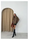 Kadın Krem-kahve Düğmeli Uzun Leopar Desenli Kalın Yumoş Peluş Şardonlu Kışlık Triko Hırka
