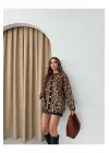 Kadın Krem-kahve Düğmeli Uzun Leopar Desenli Kalın Yumoş Peluş Şardonlu Kışlık Triko Hırka