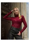 Dantel Transparan Uzun Kollu Bluz - Bordo