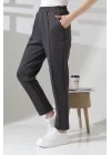 Kadın Koyu Gri Yüksek Bel Lastik Düz Renk Cepli Çizgili Bilek Boy Scuba Kumaş Jogger Pantolon