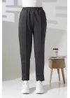 Kadın Koyu Gri Yüksek Bel Lastik Düz Renk Cepli Çizgili Bilek Boy Scuba Kumaş Jogger Pantolon