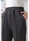 Kadın Koyu Gri Yüksek Bel Lastik Düz Renk Cepli Çizgili Bilek Boy Scuba Kumaş Jogger Pantolon