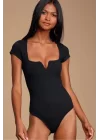 Kadın Siyah Göğüs Dekolte İpek Jarse Bodysuit