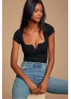 Kadın Siyah Göğüs Dekolte İpek Jarse Bodysuit