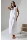 Kadın Beyaz Oversize Sıfır Kol Bisiklet Yaka Basic Günlük Uzun Içlik Tunik Viscon Kumaş