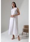 Kadın Beyaz Oversize Sıfır Kol Bisiklet Yaka Basic Günlük Uzun Içlik Tunik Viscon Kumaş