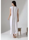 Kadın Beyaz Oversize Sıfır Kol Bisiklet Yaka Basic Günlük Uzun Içlik Tunik Viscon Kumaş