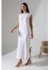 Kadın Beyaz Oversize Sıfır Kol Bisiklet Yaka Basic Günlük Uzun Içlik Tunik Viscon Kumaş
