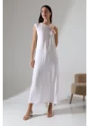 Kadın Beyaz Oversize Sıfır Kol Bisiklet Yaka Basic Günlük Uzun Içlik Tunik Viscon Kumaş