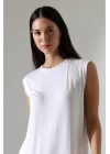 Kadın Beyaz Oversize Sıfır Kol Bisiklet Yaka Basic Günlük Uzun Içlik Tunik Viscon Kumaş
