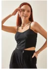 Kadın Siyah Ip Askılı Büstiyer Crop