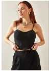 Kadın Siyah Ip Askılı Büstiyer Crop