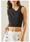 Kadın Siyah Drape Yakalı Crop Bluz