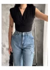 Kadın Siyah Vatkalı Çıtçıtlı Bodysuit