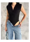 Kadın Siyah Vatkalı Çıtçıtlı Bodysuit