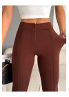 Kadın Kahverengi Günlük Likralı Esnek Ispanyol Paça Düz Dar Tayt Pantolon
