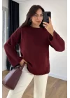 Kadın Bordo Bisiklet Yaka Düz Renk Yumuşak Doku Oversize Triko Uzun Kollu Kazak
