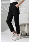 Kadın Siyah Yüksek Bel Lastikli Düz Renk Cepli Çizgili Bilek Boy Scuba Kumaş Jogger Pantolon