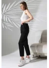 Kadın Siyah Yüksek Bel Lastikli Düz Renk Cepli Çizgili Bilek Boy Scuba Kumaş Jogger Pantolon