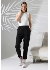 Kadın Siyah Yüksek Bel Lastikli Düz Renk Cepli Çizgili Bilek Boy Scuba Kumaş Jogger Pantolon