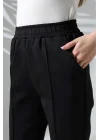 Kadın Siyah Yüksek Bel Lastikli Düz Renk Cepli Çizgili Bilek Boy Scuba Kumaş Jogger Pantolon