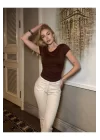 Sandy Kumaş Crop Bluz Kısa Kollu