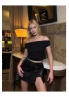 Sandy Kumaş Crop Bluz Kısa Kollu