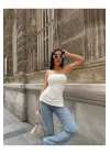 Yanı Büzgüllü Çift Yırtmaçlı Straplez Bluz