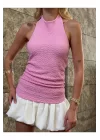 Halter Yaka Sırt Dekolteli Crop Bluz Pembe