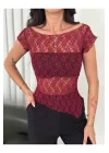Dantelli Asimetrik Kesim Transparan Crop Bluz – Yumuşak Dokulu, Kısa Kollu, Modern ve Şık