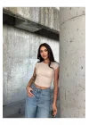 Kadın Likralı Basic Crop Tişört
