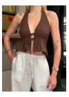 Kadın Pamuk Keten Sırt Dekolteli Halter Yaka Bağlamalı Crop Bluz