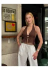Kadın Pamuk Keten Sırt Dekolteli Halter Yaka Bağlamalı Crop Bluz