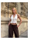 Kadın Pamuk Keten Sırt Dekolteli Halter Yaka Bağlamalı Crop Bluz