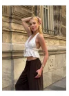 Kadın Pamuk Keten Sırt Dekolteli Halter Yaka Bağlamalı Crop Bluz