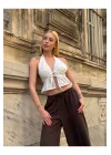 Kadın Pamuk Keten Sırt Dekolteli Halter Yaka Bağlamalı Crop Bluz